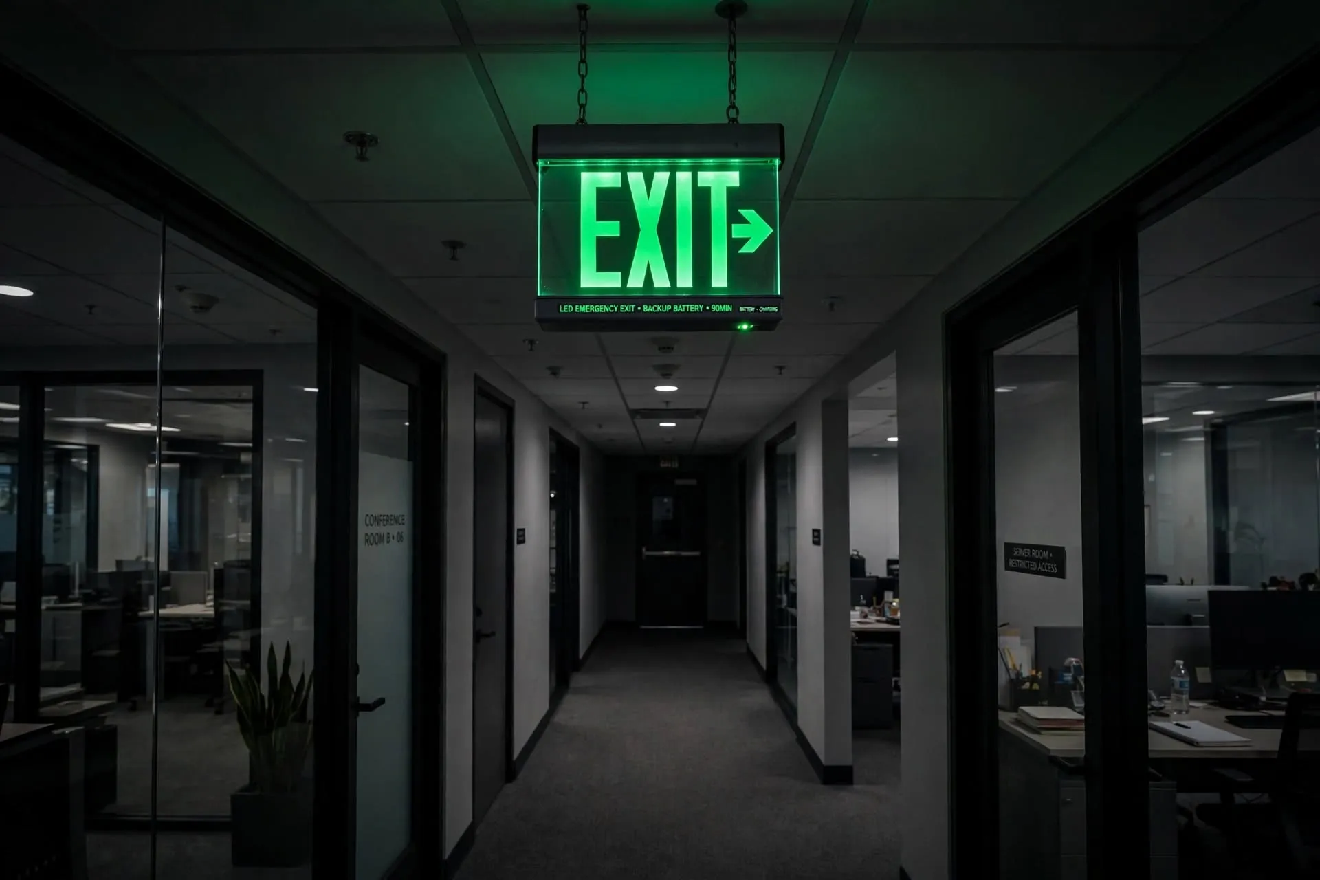 Fire Safety Audit 2026 Report Guide - Hanging LED Emergency Exit Sign Light With 90 Min Battery Backup Installed in Karachi Office Corridor - Green
